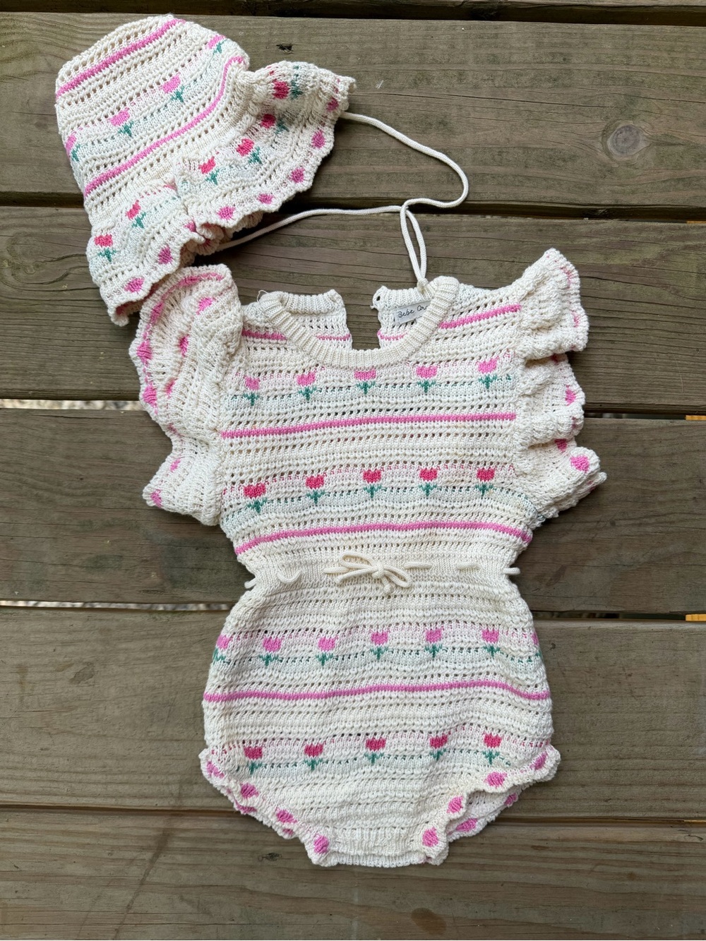 Bebe Organic Crochet Baby Romper + Bonnet Set | Pink Floral | Cottagecore
